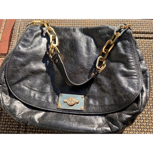 Tory Burch Gold Black Leather & Canvas Chain Linked Over-the-Shoulder Hobo Bag - Picture 3 of 13